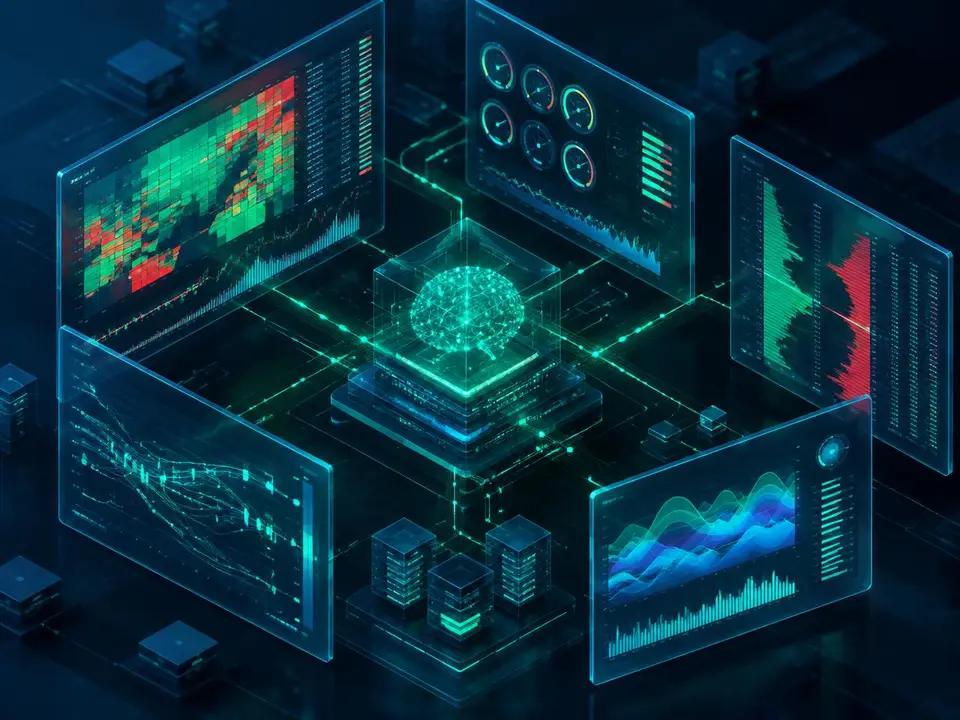 Ethereon EdgeAI signature tools: market heatmaps, risk gauges and sentiment charts around a central AI trading engine